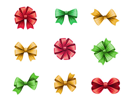 set of festive bows isolated on white background, gift design elements, Christmas decor illustrationの写真素材