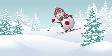 Christmas snowman skiing downhill, winter sportsの写真素材