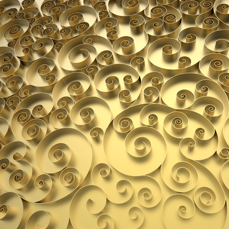 abstract curly background, 3d quilling ribbons, golden spiral lines ornamentの写真素材
