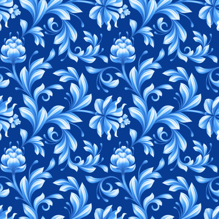 abstract floral seamless pattern, background with folk art flowers, blue white gzhel ornamentの写真素材