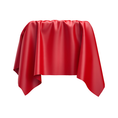 3d render, digital illustration, abstract folded cloth, soaring fabric, red curtain, textile cover, isolated on white backgroundの写真素材