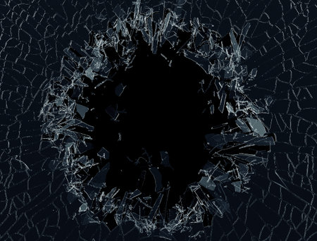 3d render, 3d illustration, explosion, broken glass , bullet hole, destruction, abstract cracked...