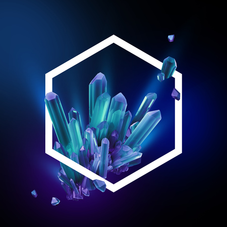 3d render, digital illustration, abstract crystals in hexagonal frame, modern gemstone background, blue sapphire nuggetsの写真素材