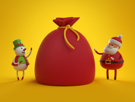 3d render, digital illustration, snowman and santa claus, bag with gifts, festive greeting card, Christmas holiday backgroundの写真素材