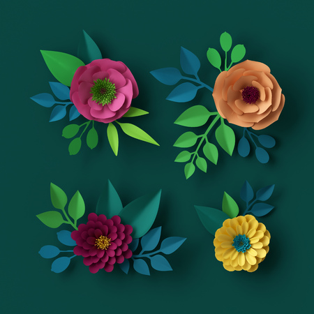 3d render, digital illustration, colorful paper flowers wallpaper, spring summer background, floral design elementsの写真素材
