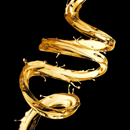 3d render, clear yellow spiral jet, lemonade, tea, oil splash, alcohol liquid wave, splashing loops, curvy line, isolated on black backgroundの写真素材