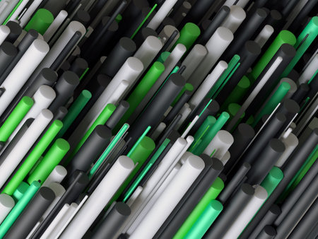 3d render, digital illustration, abstract background, white green black sticks, rods, pins, shanks,...