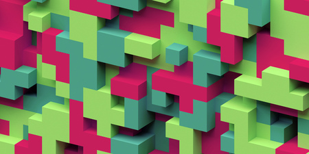 3d render, abstract geometric background, colorful constructor, logic game, cubic mosaic structure, isometric wallpaper, red green cubesの写真素材