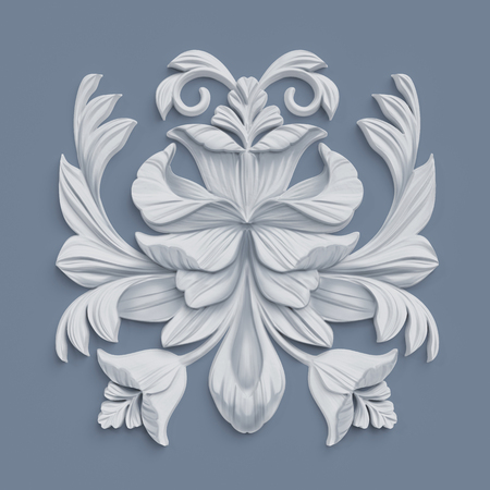 3d render, floral design element, abstract botanical clip art, classical architectural decor, white stucco, relief flowerの写真素材