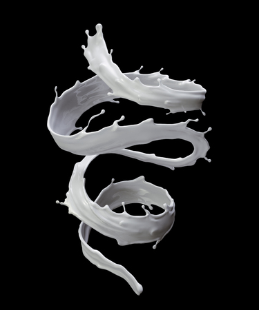 3d render, digital illustration, milk, spiral liquid splash, white wave, isolated on black backgroundの写真素材