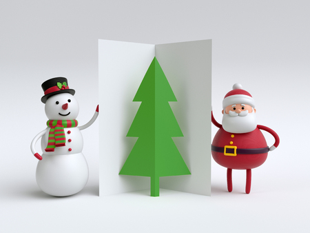 3d render, snowman and Santa Claus, holding folded card, paper fir tree, toys, white backgroundの写真素材