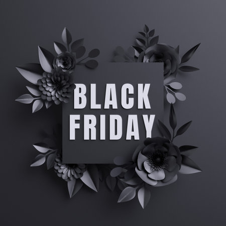 black friday announcement, paper flowers, botanical background, fashion commercial square banner, floral card, gothicの写真素材