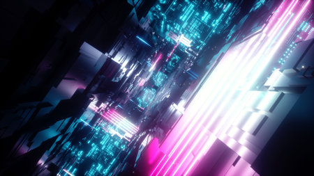 3d render, abstract urban geometric background, futuristic pink blue neon light, geometric...