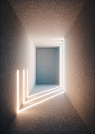 3d render, abstract urban background, illuminated empty corridor, interior, concrete walls, glowing light, daylight tunnel, no exitの写真素材