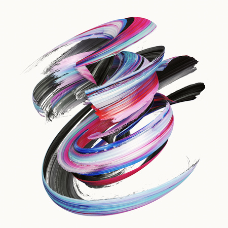 3d rendering, abstract twisted brush stroke, paint splash, splatter, colorful curl, artistic spiral, vivid ribbonの写真素材