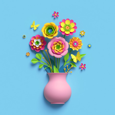3d render, craft paper flowers, pink vase, floral bouquet, botanical arrangement, bright candy colors, nature clip art isolated on sky blue background, greeting card templateの写真素材