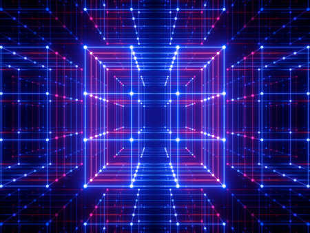 3d render, glowing lines, neon lights, abstract psychedelic background, cube cage, ultraviolet,...
