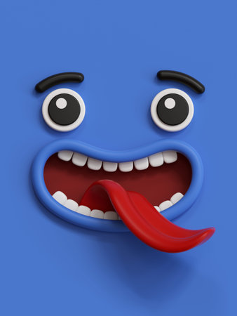 3d render, abstract emotional face icon, excited character illustration, cute blue cartoon monster, emoji, emoticon, toyの写真素材