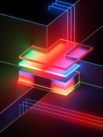 3d rendering, abstract geometric background, minimalistic mock up, shining neon light, empty showcase, primitive architecture shapes, shop display, glowing spectrum, vivid colorsの写真素材