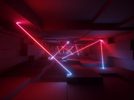 3d rendering, neon lights, laser show, glowing lines, abstract fluorescent background, optical...