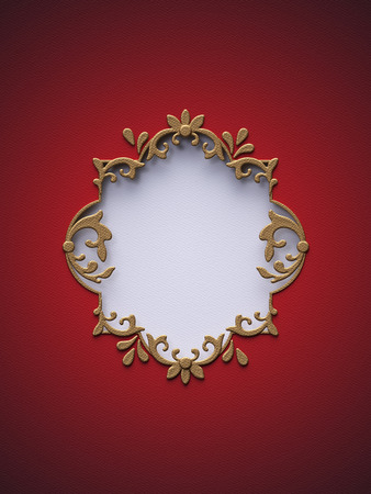 3d render, digital illustration, Christmas red background, flat paper craft, layers, gold frame, blank banner, cut hole, greeting card template, empty spaceの写真素材