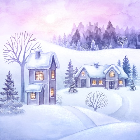 winter countryside view, Christmas village, snowy forest, rural landscape panorama, watercolor fairy tale illustrationの写真素材
