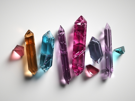 3d render, colorful spiritual crystals isolated on white background, reiki healing minerals, rough nuggets, faceted fashion gemstones, pink purple quartz, semiprecious gemsの写真素材