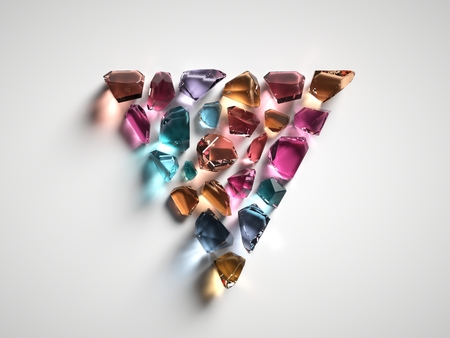 3d render, assorted colored spiritual crystals isolated on white background, reiki healing quartz, mystical triangle, rough nuggets, faceted fashionable gemstones, semiprecious gems, triangular shapeの写真素材