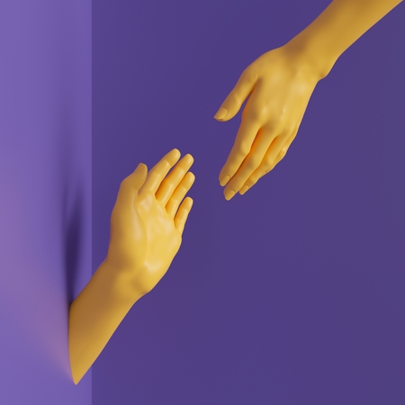 3d render, female hands isolated, minimal fashion background, helping hands, mannequin body parts, partnership concept, violet yellow bright colorsの写真素材