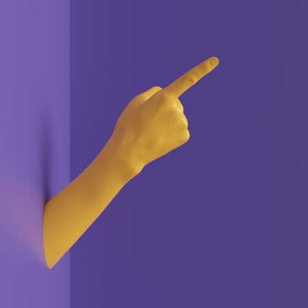 3d render, female hand isolated, finger up, pointing gesture, direction symbol, shop display, minimal fashion background, mannequin body part, show, presentation, violet yellow bright colorsの写真素材
