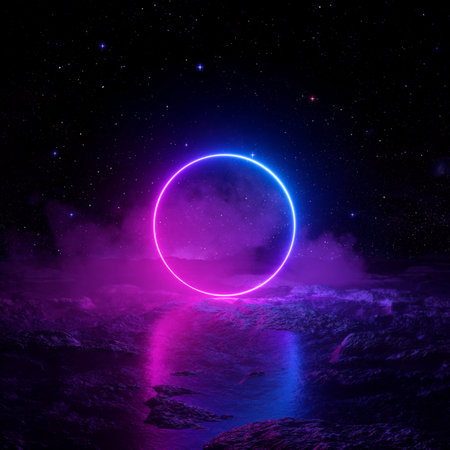 3d render, abstract background, cosmic landscape, round portal, pink blue neon light, virtual reality, energy source, glowing round frame, dark space, ultraviolet spectrum, laser ring, fog, groundの写真素材