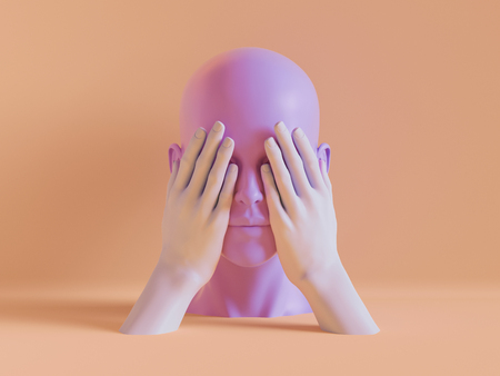 3d render, female mannequin head, eyes closed by hands, blind concept, isolated object, minimal fashion background, shop display, pink peachy violet pastel colorsの写真素材