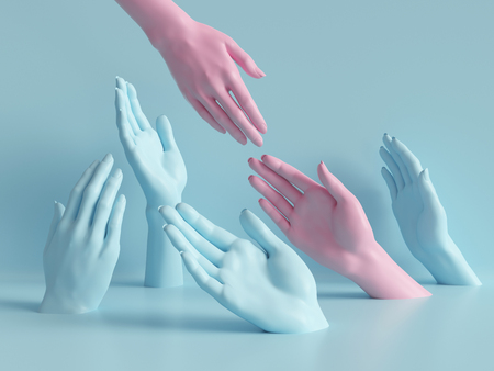 3d render, beautiful hands isolated, female mannequin body parts, minimal fashion background, helping hands, blessing, partnership concept, pink blue pastel colorsの写真素材