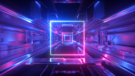 3d render, abstract futuristic geometric background, glowing square shape, neon light, tunnel,...