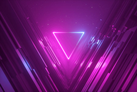 3d render, pink blue neon abstract background with glowing triangle, ultraviolet light, laser show,...