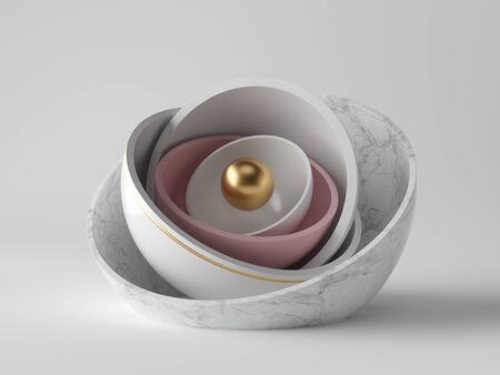 3d abstract minimal modern background, golden core ball hidden inside marble hemisphere shell, isolated objects, stack of bowls, simple clean design, classy decorの写真素材