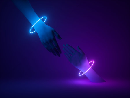 Neon light on hand holding another hand