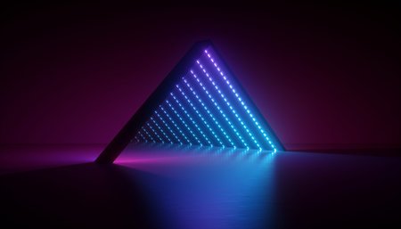 3d render, abstract neon background, ultraviolet spectrum, triangular shape, tunnel, corridor, pink...