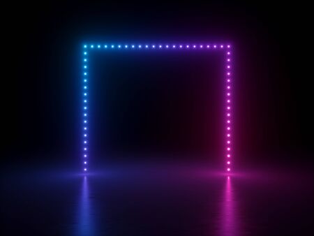 3d render, abstract neon geometric background, pink blue glowing square frame illuminated with dot lights, reflection on the floor. Modern empty performance stage, minimal designの写真素材