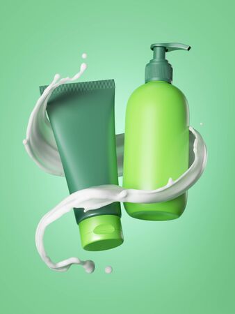 3d render, cosmetic bottles inside white liquid splash levitate, isolated objects, dispenser container and cream tube, beauty banner template, package mockup for skin care products, branding conceptの写真素材