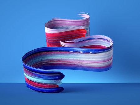 3d render, colorful wavy gouache smear object isolated on blue background, acrylic paint clip art,...