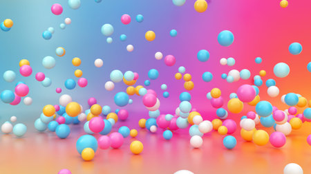 3d render, abstract vibrant gradient background, assorted colorful balls falling down, jumping,...