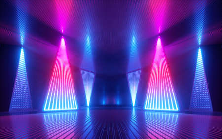 3d render, abstract background with pink blue neon glowing light inside empty room. Futuristic energetic technology concept. Performance stage design. Led lamp panel.の写真素材