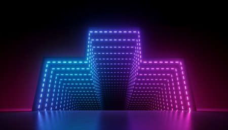 3d render, abstract neon background, glowing pink blue led light, geometric shape with tunnel optical illusion perspective view. Modern minimal design, empty performance stage floor reflectionの写真素材