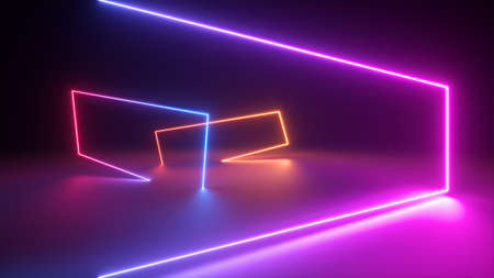 3d render, abstract background with colorful neon light. Performance stage laser show illumination. Rectangular geometric shapes, square frames, virtual reality. Glowing neon lines. Modern designの写真素材