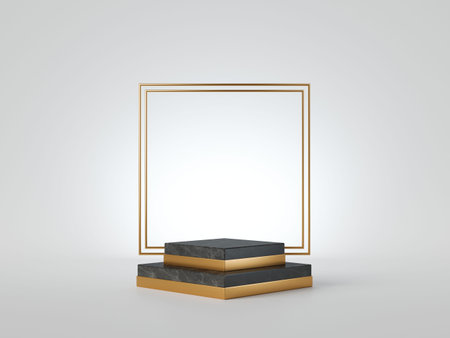 3d render abstract black marble platform steps with golden square frame, isolated on white...