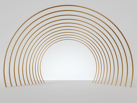 3d render, abstract minimal art deco geometric background. Isolated golden arc lines, empty corridor perspective view. Blank round frame with copy spaceの写真素材
