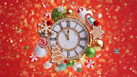 3d render, Christmas celebration, clock shows five minutes before midnight, salute with sparkling...