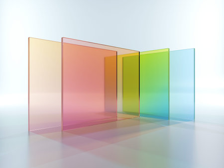 3d rendering, abstract geometric background, translucent glass with colorful gradient, simple square...