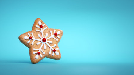 3d render, star shaped gingerbread cookie. Baked biscuit decorated with icing. Traditional Christmas...